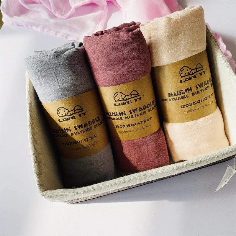 Bamboo Cotton Wrapped Muslin Blankets Bath Towel With Solid Color Dyed Wrap For Newborn Infants