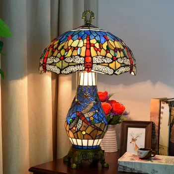 

Mediterranean retro Tiffany table lamp stained glass living room dining room bedroom bar Dragonfly mother and child table lamp
