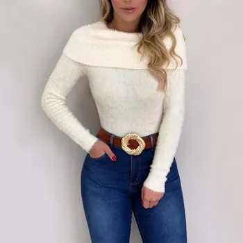 

2019 Autumn Winter Sexy Wool Sweater For Women Fashion Turn Down Collar Long Sleeve Solid Color Sweater Female Top