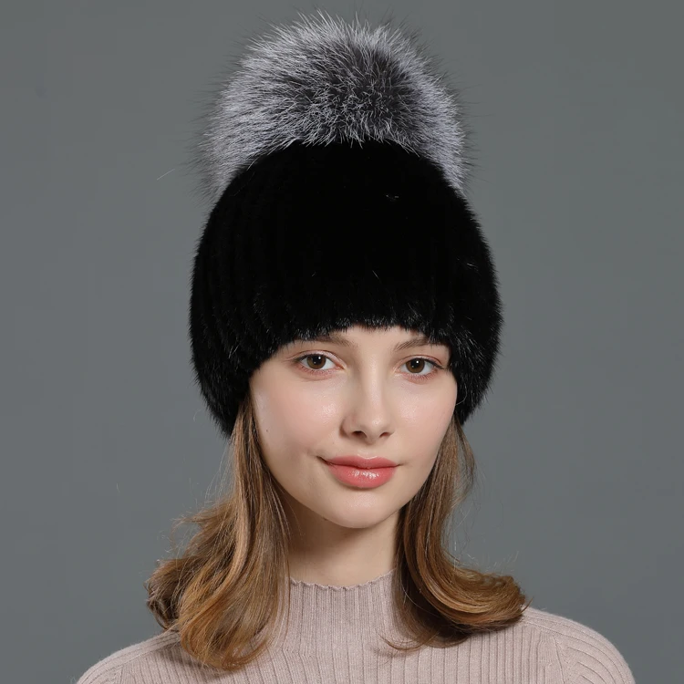Elastic Knitting Hat Genuine Mink Fur BeaniesFemale Winter Warm With Big Real Fox Fur Pompom Hats Thicken Lining New - Цвет: Colour 1