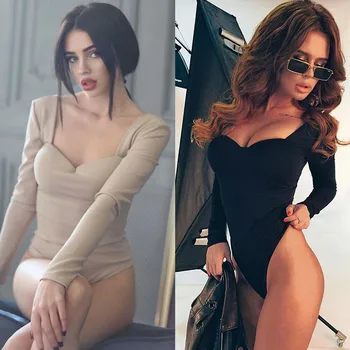 

Female Pure Color Playsuit New Long Sleeves Slim Casual Jumpsuit Women Spring Autumn Triangle Bodycon Rompers Ladies' Bodysuit