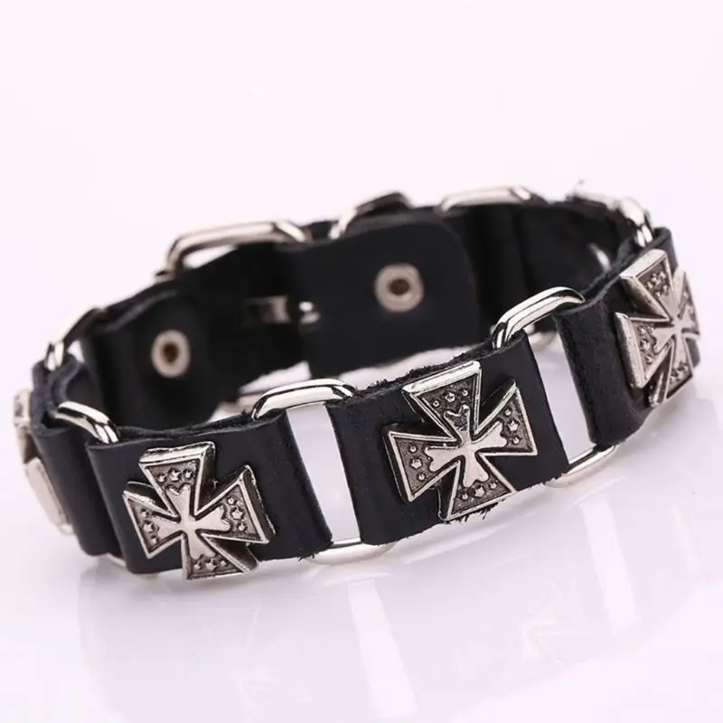 Men's Punk Adjustable Leather Strap Bracelet Metal Cross Cuff Bangle Wristband trend bracelet jewelry