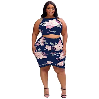 

Summer Women Two Piece Outfits Plus Size Outfits Sexy Sleeveless Printed Halter Tank and Skirt Set Wholesale Drop Shipping