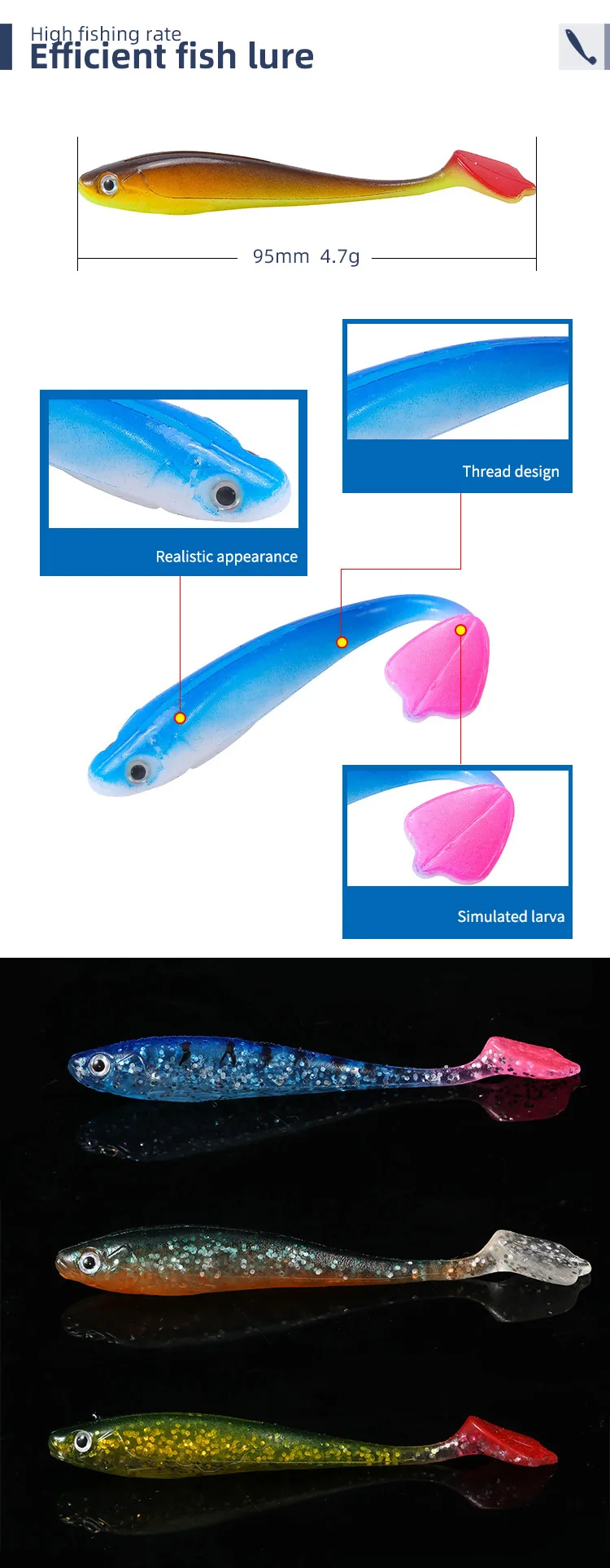 Chinook SoftBait-Köder, 90 mm, Big Paddle Tail Shad Swimbait, 5-teiliges Set, Wobbler, Silikon-Fisch-Jigkopf, Texas und verrückte Haken – Detail 1