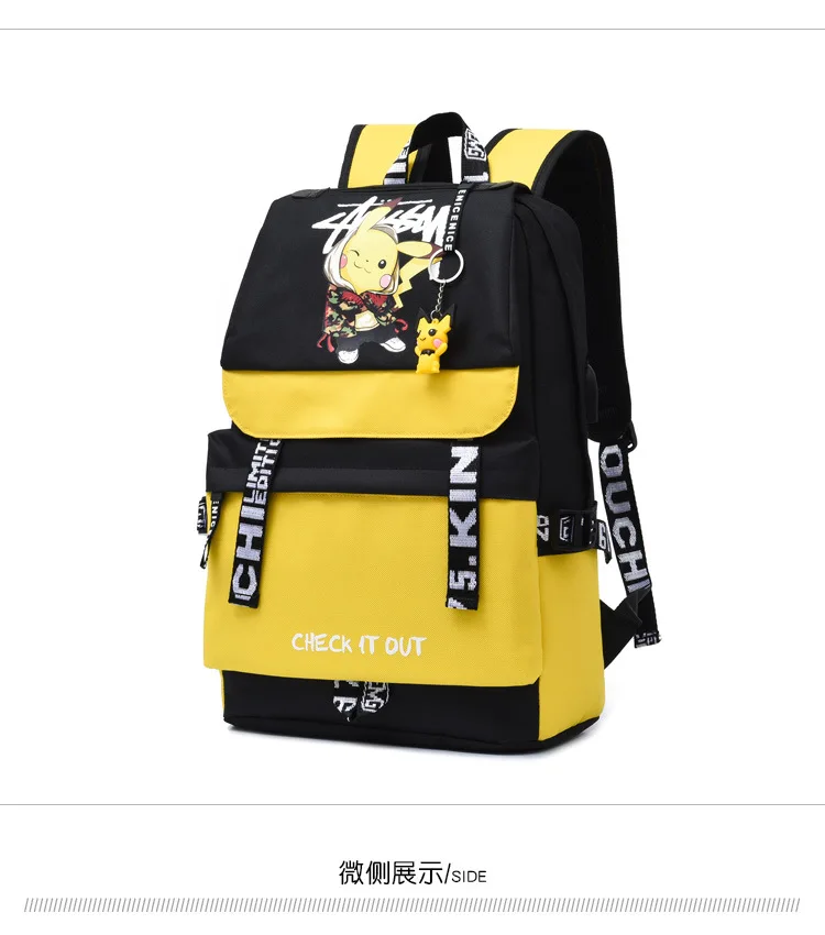 Action Large Pikachu Backpack with USB Charge Line Student Schoolbag Cute Cartoon Pikachu Couple Bags Quality Canvas Bag Gift