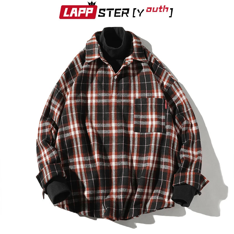LAPPSTER-Youth мужские рубашки в клетку с высоким воротником Мужские Винтажные Рубашки повседневные топы уличного стиля Корейская рубашка большого размера