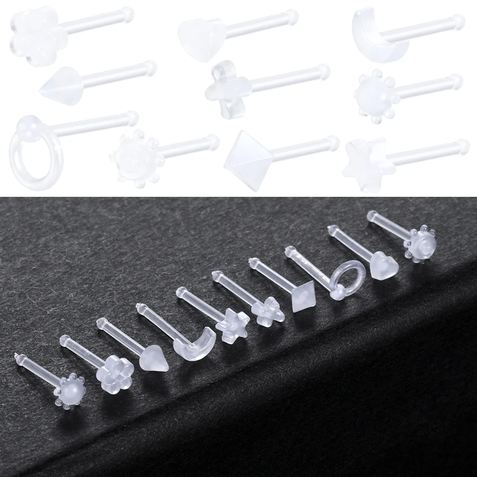 10 Styles Acrylic Nose Ring Pack Stud Straight Nose Ring Set Nose Stud Lot 20G Nostril Earring