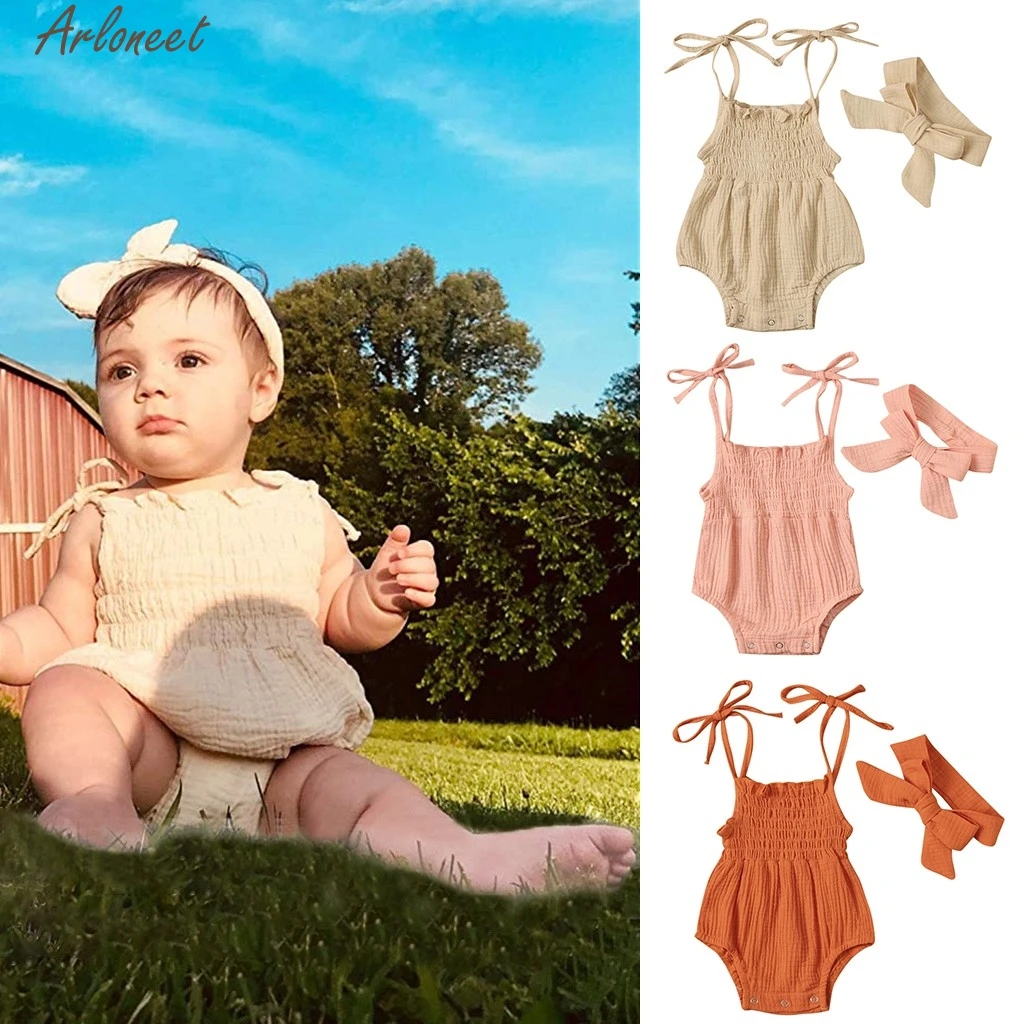 2020 Summer Cute Baby Girls Romper Denim Rompers Set Sleeveless Jumpsuit With Headband 0-24M Children Kids Clothes Hot | Мать и ребенок