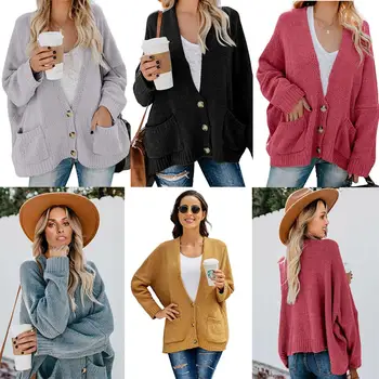 

Black Brown Oversize Button Front Cardigan Long Sleeve Autumn Spring Winter Top Good Quality Solid Warm Cardigan Women Top