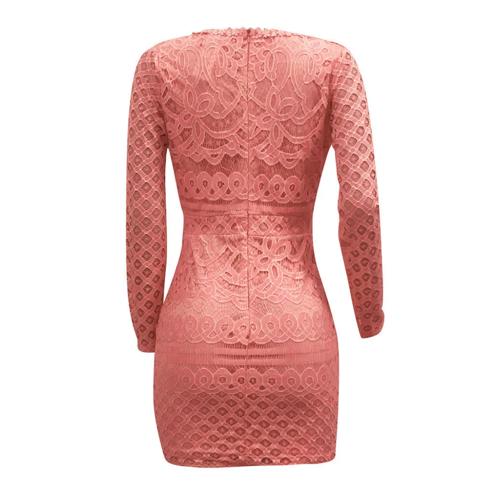 Feitong Женская мода платье Vestidos сексуальное облегающее кружевное с длинным рукавом v-образным вырезом жемчужные пуговицы евро-американское мини-платье женское