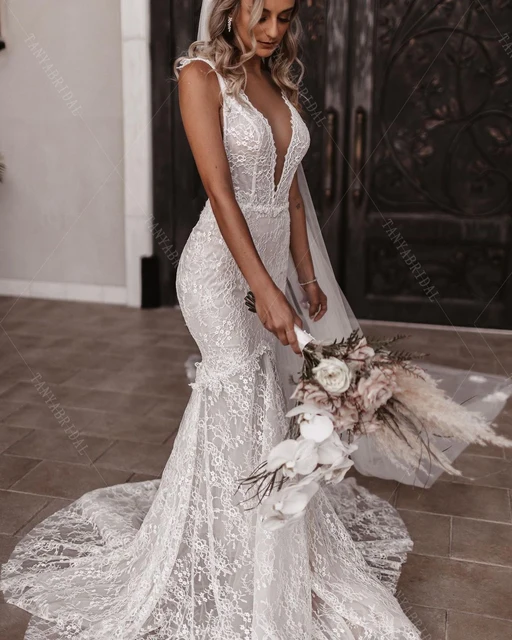 Romantic Lace Wedding Dresses Mermaid Backless Charming Noivas DW570 