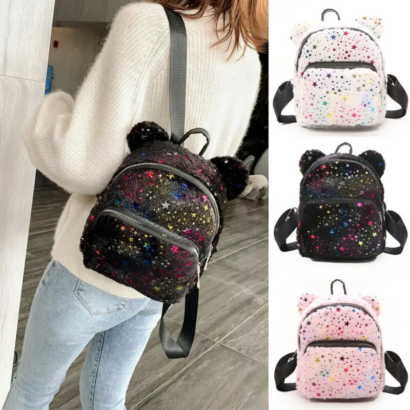 Женский мини-рюкзак для девочек, плюшевый рюкзак с блестками, школьные сумки, маленькая дорожная сумка, сумка на плечо
