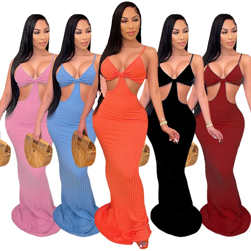 

2021 Summer New Fashion Solid Color Sexy Floor-Length Dress with Expose Waist Design Braces Skirt for Vacation