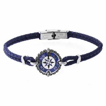 

Runda New Men Double Genuine Braid Leather Stainless Steel Round Charms Blue Enamel Bangles Jewellery Jewellery