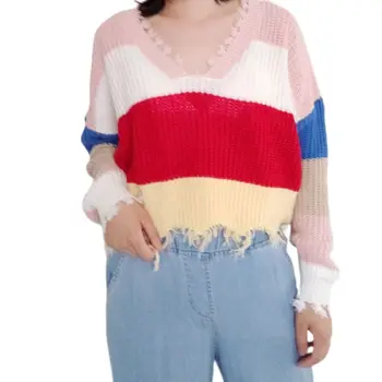 

Women Sexy Deep V-Neck Loose Sweater Long Lantern Sleeve Ripped Tassels Trim Jumper Knitted Rainbow Stripes Pullover Crop Top
