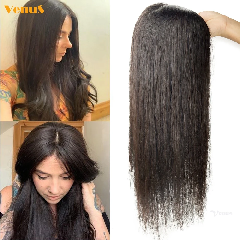 Topper de cabello humano virgen para mujer, piezas de cabello humano con Clip en la parte superior de seda perimetral, cierre de Base de piel transpirable europea, 12x13CM