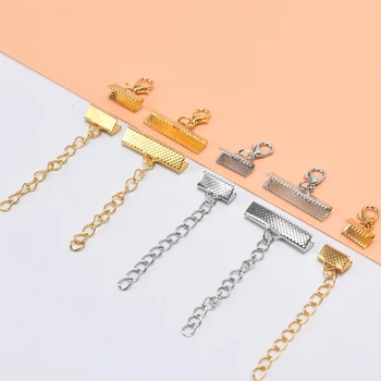 

10set/lot Ribbon Leather Cord End Fastener Clasps With Chains Lobster Clasps Connectors For Bracelet Diy Jewelry Making Findings