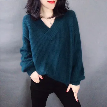

Mohair V Neck Solid Women Sweaters Autumn Korean Pullovers Winter Clothes Loose Warm Sueter Mujer Outwear Jumper WW