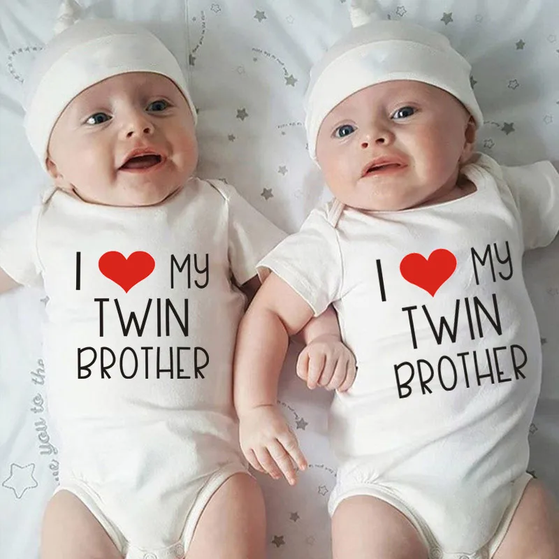 Одежда для новорожденных; хлопковый комбинезон с надписью I Love My Dual Brother; одежда для близнецов; комбинезон с коротким рукавом для новорожденных мальчиков