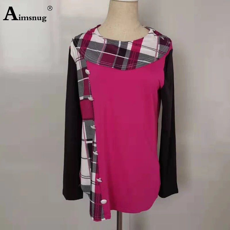 Rose red Большие размеры 5xl Женские Новые Осенние разноцветные Топы в контрастную клетку с принтом женская футболка на пуговицах с отворотом Повседневная Свободная Женская футболка - Цвет: Rose red