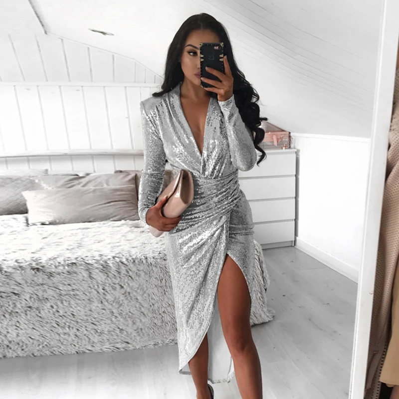 Блестящее сексуальное платье с v-образным вырезом и блестками для рождественской