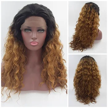 

Heat Resistant Fiber Hair Medium Curly Wavy Synthetic Wig Ombre Blonde Color Synthetic Lace Front Wigs for Women Baby Hair