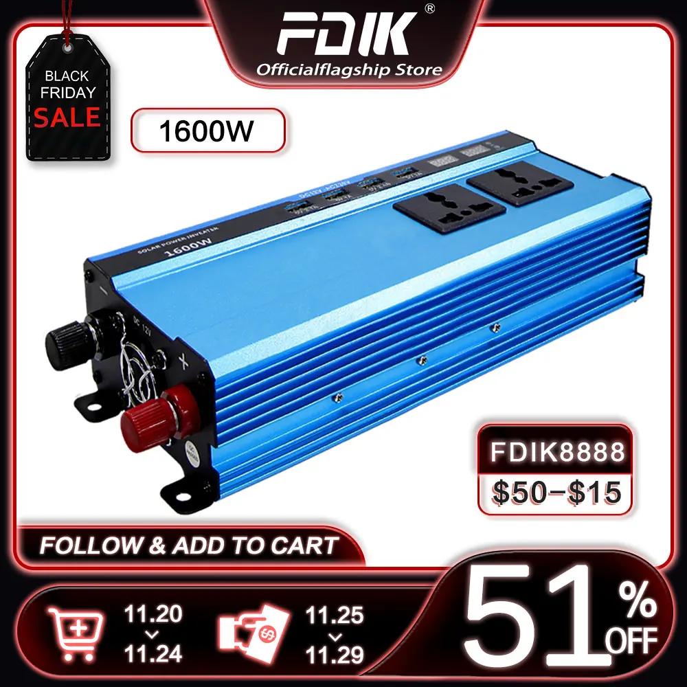 FDIK Автомобильный Инвертор DC 12v Дo AC 220v Преобразователь 1600 Вт С ЖК-Дисплей Цифровой