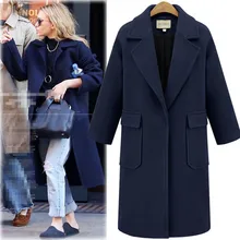 Женское зимнее пальто с отложным воротником, шерстяная куртка большого размера с карманами, элегантное однотонное повседневное пальто длиной до середины икры