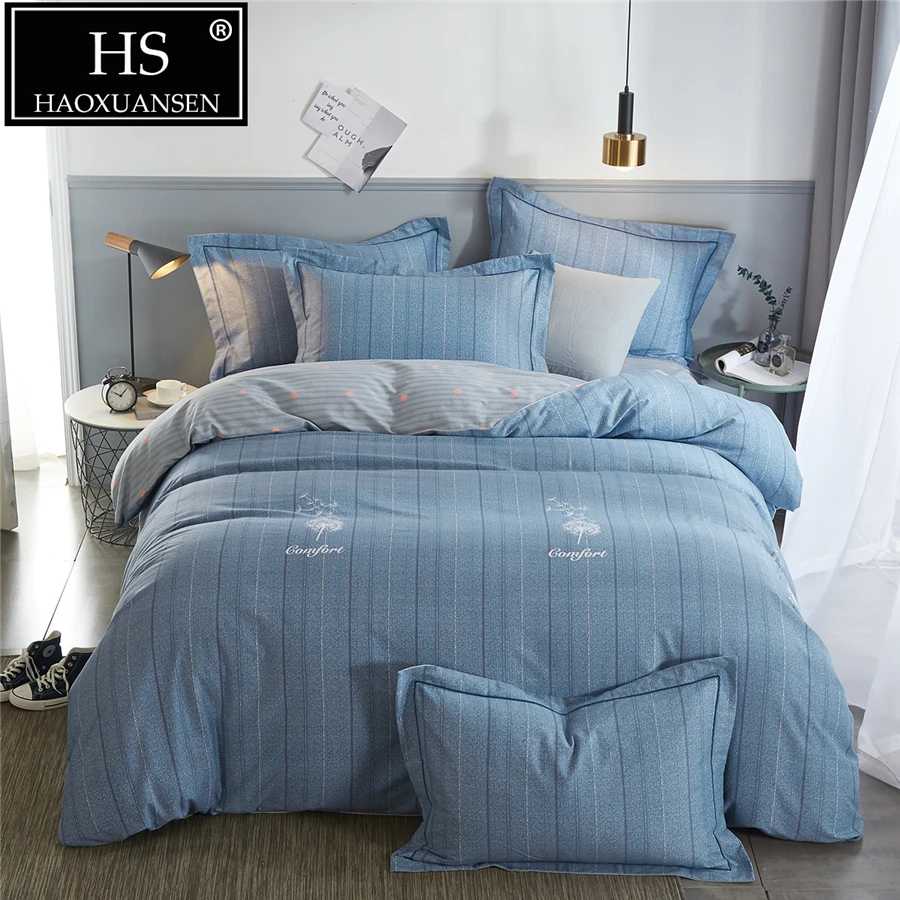

Striped 4psc Sanding Cotton Blue/Grey Bedding Set Super Soft Warm Duvet Cover Set Flat Sheets Shams for Winter Queen King Size