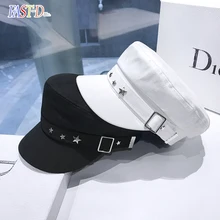 2021 New Fashion Women Metal Buckle Cotton Octagonal Cap Winter Spring Elegant Ladies Star Belt Beret Hat Streetwear Flat Cap