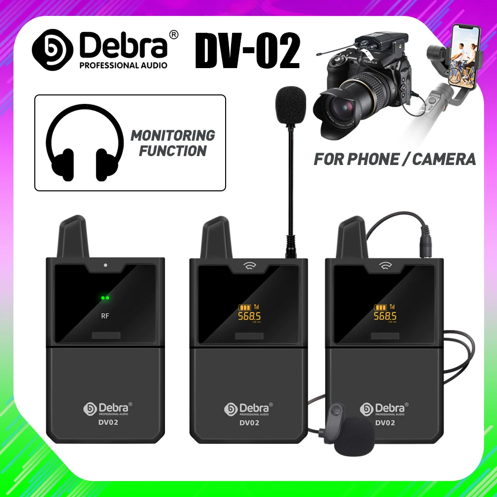 Micrófono Lavalier inalámbrico DV01/02, con función de Monitor de Audio, UHF, Lapel, para teléfonos inteligentes, cámaras DSLR, webcast