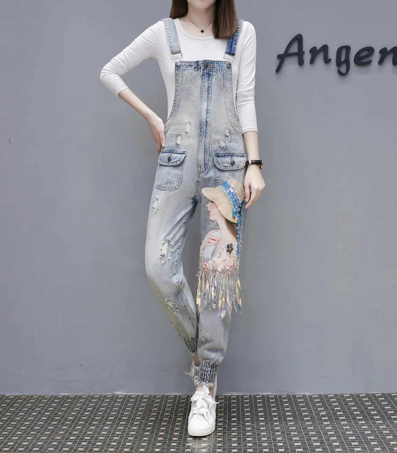 Women Print Cartoon Cat Denim Jumpsuits Rompers Overalls New Hole Loose Beaded Jean Pants Female Casual Long Pants Women Print Cartoon Cat Denim Jumpsuits Rompers Overalls New Hole Loose Beaded Jean Pants Female Casual Long Pants