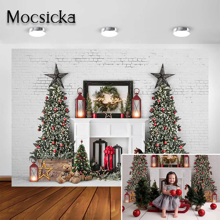 

Mocsicka Christmas Photography Backdrop White Brick Wall Fireplace Photo Background Newborn Children Photoshoot Photocall Studio