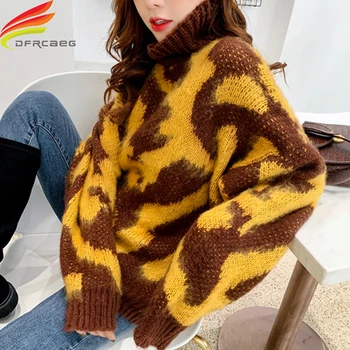 

Leopard Turtleneck Oversized Sweater Women 2020 Winter New Arrivals Black Or Yellow Korean Style Long Sweater Tops For Women