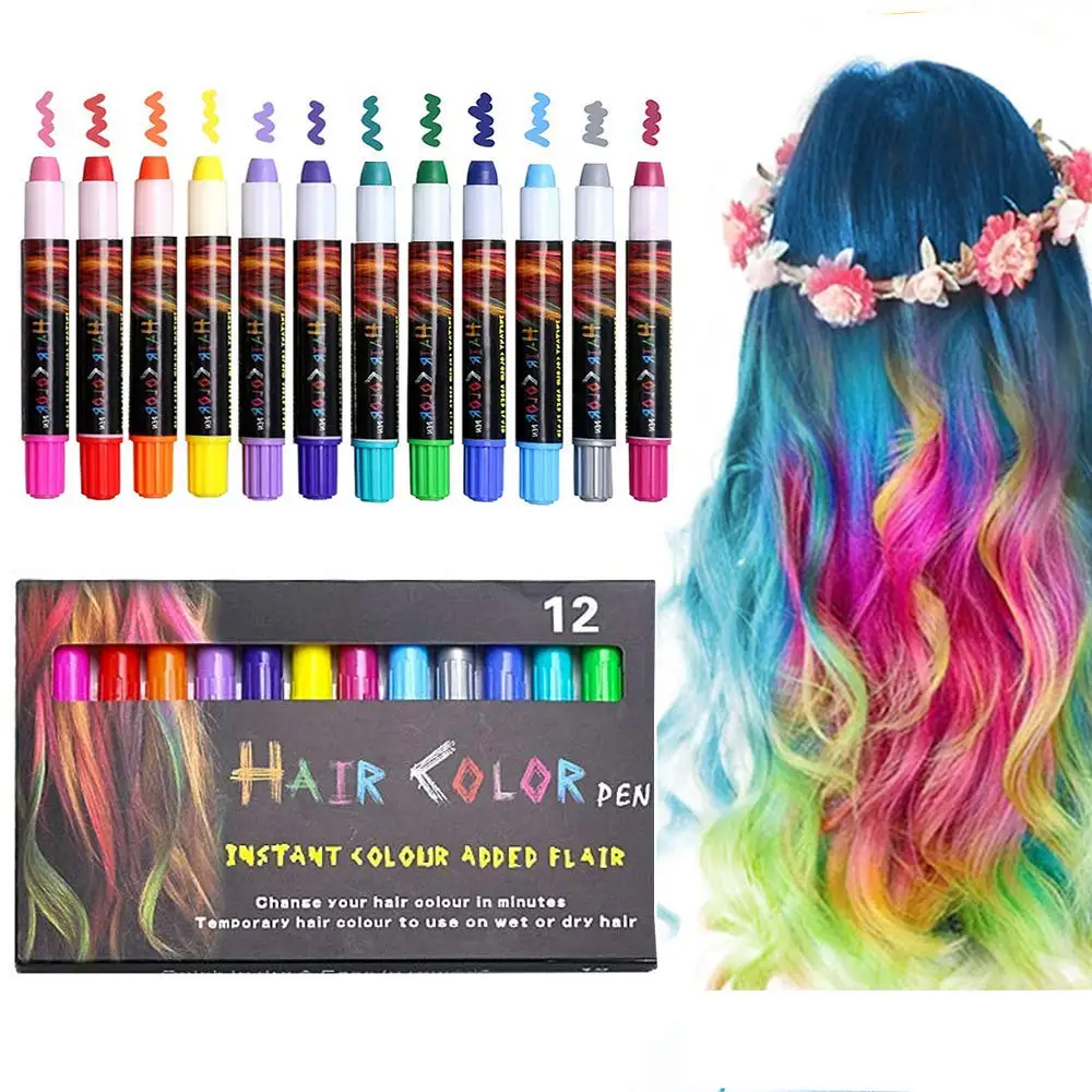 

12 Color Temporary Hair Chalk Pens Crayon Salon Washable Hair Color Dye Face Kit Safe for Makeup Birthday Party Gift for Girls K