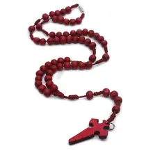Jezus drewniany różaniec 6mm różaniec krzyż naszyjnik wisiorek tkana lina akcesoria łańcuszki do biżuterii tanie tanio Drewna Wine Red Rosary Necklace