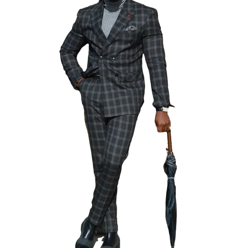 

Classic Dark Gray Plaid Peaked Lapel Double-breasted Men Suits For Business Office Formal Male Coat Pants Slim Wear Tailor Made