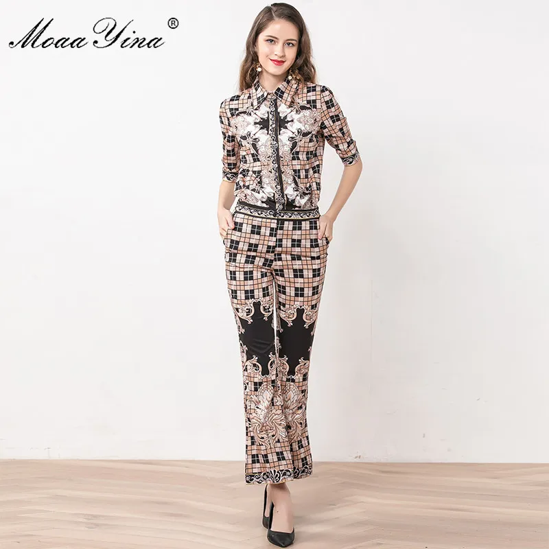 

MoaaYina Fashion Designer Set Spring Women Half sleeve Plaid Print Shirt Tops+Bell-bottomed pants Two-piece suit