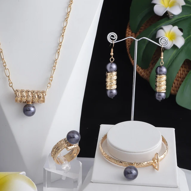 Cring Coco Hawaiian 4 PCS Jewelry Sets Gold Filled Colorful Pearl Bangles Bracelet Earing Sets Women Drop Earrings for Mother gray