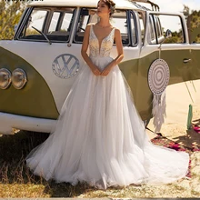 

Princess Lace Tulle Wedding Dresses 2021 Robe De Boho V-Neck Appliques Sequins Beach A-Line Bridal Gowns Illusion Robe Mariage