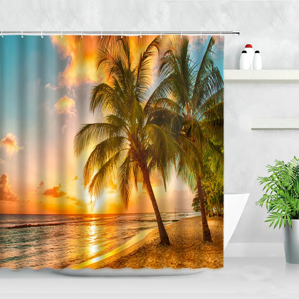 Shower Curtains Dusk Sunset Beach Tropical Ocean Palm Tree Forest Waterfall Nature Scenery Cloth Home Decor Bathroom Curtain Set