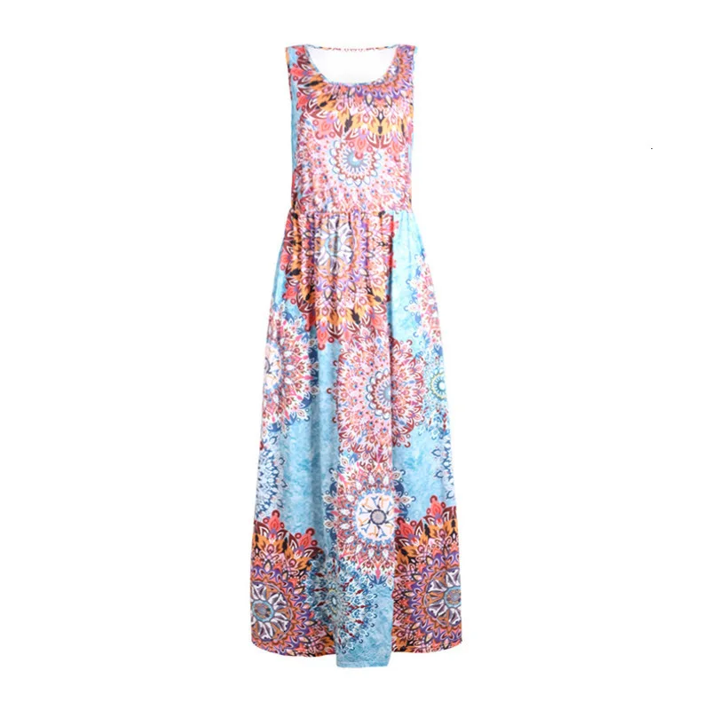Boho Holiday Summer Female Beach Dress A Line Tank Sleeveless High Waist Long Floral Print Pocket Maxi Q |