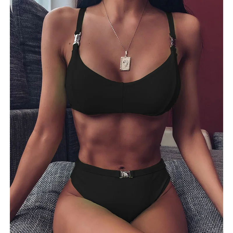 INGAGA High Waist Brazilian Bikinis Sexy Push Up Swimsuit Female Solid High Cut Swimwear Women Black Belted New Biquini