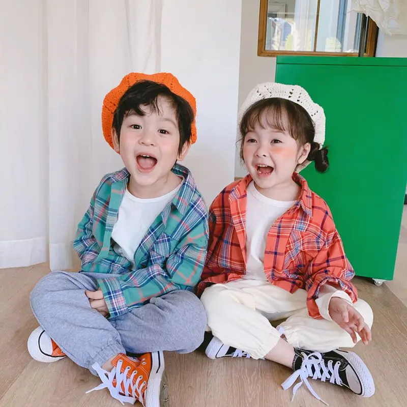 

Children Long-sleeved Shirt 2020 Spring Clothing BOY'S Plaid Shirt Girls Front Short Long Back Korean-style CHILDREN'S Jacket