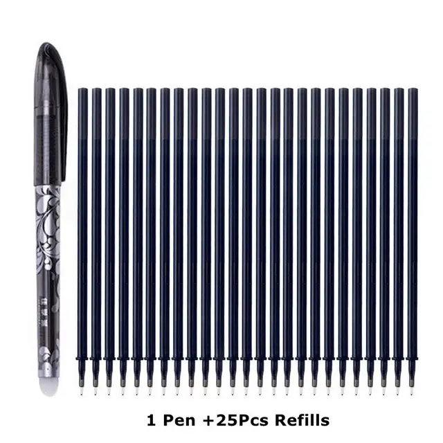 Erasable Pen Set 0.5mm Needle Bullet Tip Gel Ink Pens Refills Rods write erase Washable Handle for School Office Supplies 1 pen 25 refills D