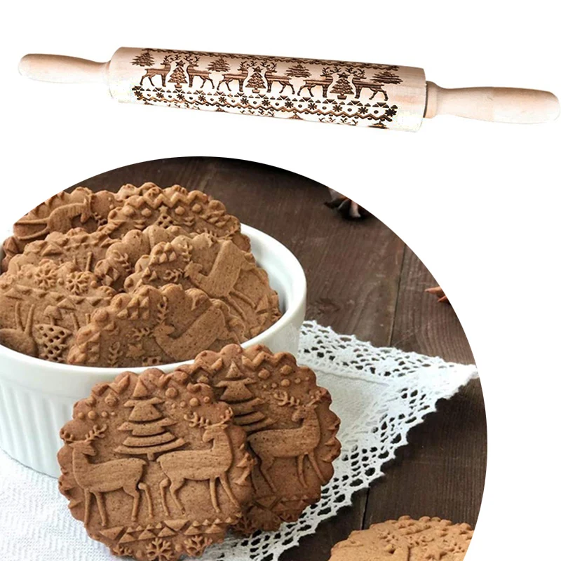

Christmas patterned Embossed Rolling Pin Engraved Embossing for Baking Wood pastry boards fondant Craft toy for children