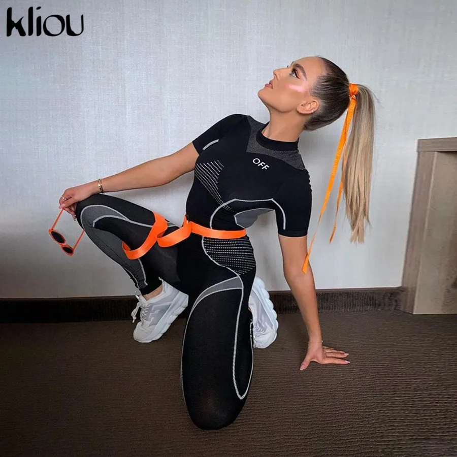 

Kliou new high elastic 3d print Slim fit short sleeve woman jumpsuit 2020 Spring summer casual street Sporty overalls for women
