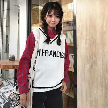 

Women Letter Knitted V-Neck Sweaters Sleeveless Pullovers Loose Tops Fashion Slim Vest Sweater