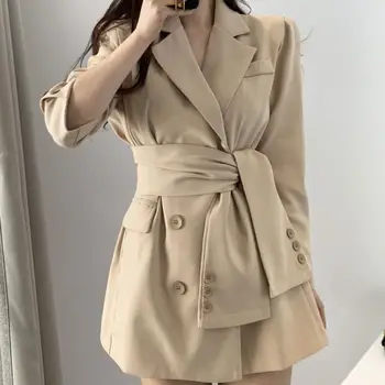 

2019 Elegant Single-Breasted Blazer Coat Women Autumn Notch Neck Belt Office Outwear Streetwear Solid Long Jackets