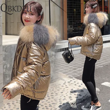 

Casual Plus Size Loose Faux Fox Fur collar Down Cotton Coat Women Gold Reflective bomber Jacket Fashion Shine Winter Warm Parka